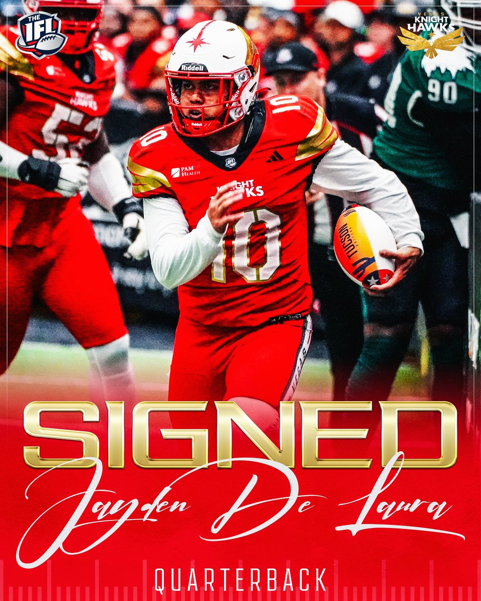 IndoorFL's tweet photo. The @KnightHawksIFL are bringing back 3️⃣ key players from their 2025 National Championship roster:
🔥 Jayden De Laura (@jayden_delaura) – Championship MVP. 1,793 pass yds, 44 total TDs. The leader of the offense.
🛡️ Jame Ceasar (@2liveee_) – 94 tackles, 4 INTs, 20 PBUs. A lockdown force in the secondary.
⚡ Phoenix Sproles (@PSproles) – Explosive WR with big-play potential.