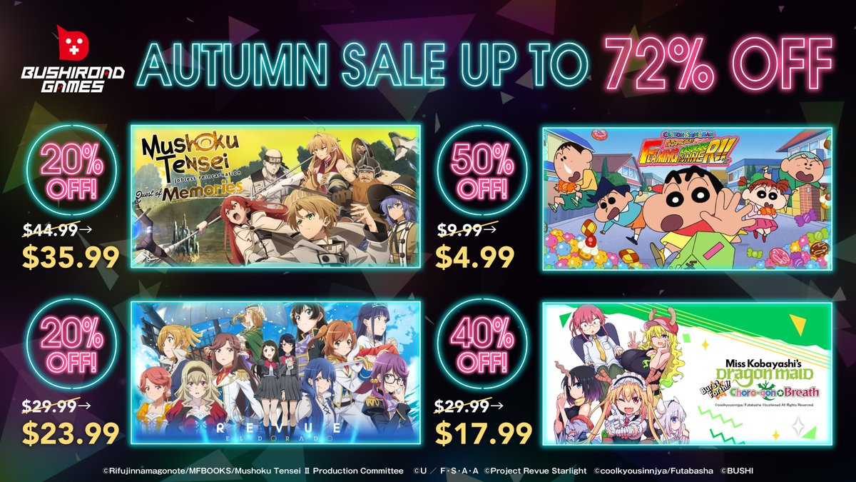 "BUSHIROAD GAMES TGS Sale 2025" will be held on the Steam Store, Nintendo eShop, and PlayStation Store, featuring digital versions of our console titles. 
Don't miss out!

The discount period might differ by platform, so make sure to check the sale price before you buy.