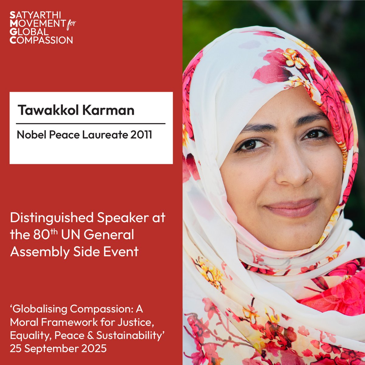 Tawakkol Karman, Nobel Peace Laureate 2011, will join as a distinguished speaker at our High-Level Roundtable on 'Globalising Compassion', to be hosted on the sidelines of UNGA80 on 25th September.

Tawakkol made history as the first Arab woman to win the Nobel Peace Prize,