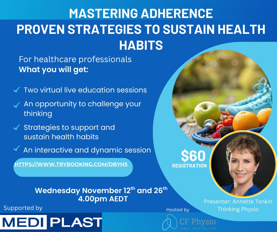 CfphysioInc's tweet image. Join us over two live virtual sessions with Annette Tonkin from Thinking Physio, sharing a space to challenge your thinking, and strategies to support and sustain health habits. Wednesday 12th November, and 26th November, at 4.00pm AEDT.
trybooking.com/events/landing…