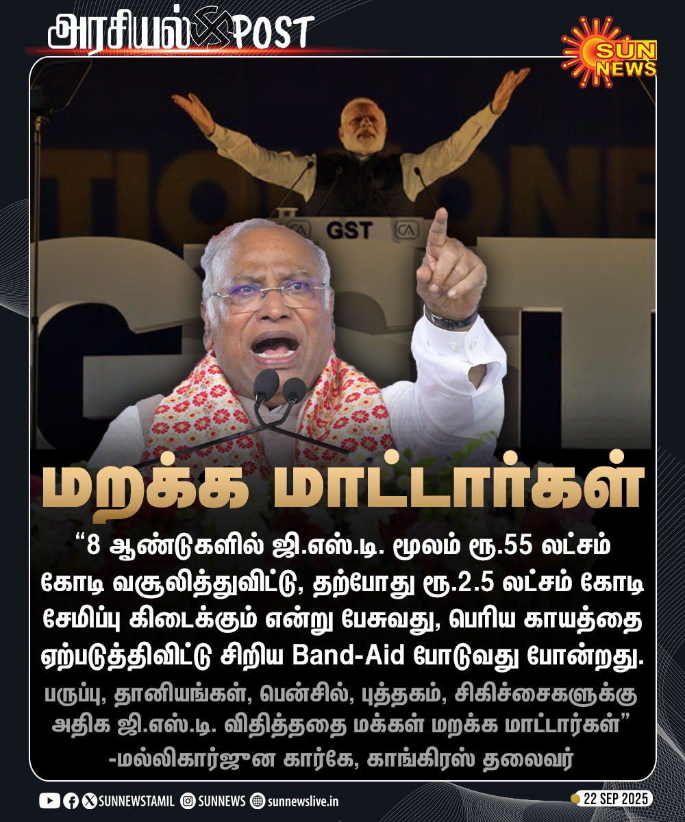 Sun News (@sunnewstamil) on Twitter photo #அரசியல்POST | ஜிஎஸ்டி சீர்திருத்தம் குறித்த பிரதமர் மோடியின் பேச்சு - மல்லிகார்ஜுன கார்கே விமர்சனம்
#SunNews | #GST | #PMModi | <a href="/kharge/">Mallikarjun Kharge</a> #அரசியல்POST | ஜிஎஸ்டி சீர்திருத்தம் குறித்த பிரதமர் மோடியின் பேச்சு - மல்லிகார்ஜுன கார்கே விமர்சனம்
#SunNews | #GST | #PMModi | <a href="/kharge/">Mallikarjun Kharge</a>