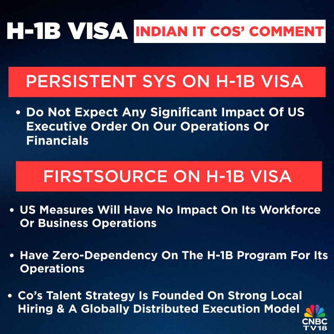 CNBCTV18Live's tweet image. #H1BVisa | #PERSISTENTSYSTEMS ON H-1B VISA RESTRICTIONS 

Do not expect any significant impact of US executive order on our operations or financials

Firstsource On H-1B Visa

US measures will have no impact on its workforce or business operations, have zero-dependency on the