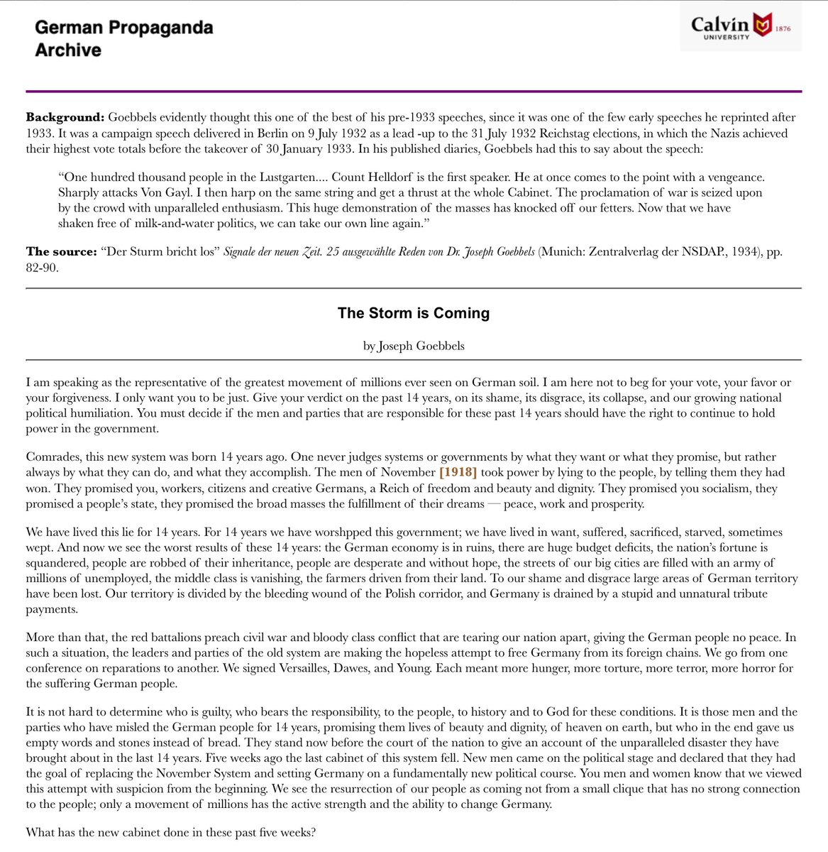 jimstewartson's tweet image. One of the most common QAnon memes is the verbatim title of one of Goebbels’s favorite pre-1933 speeches—and the theme of Stephen Miller’s Charlie Kirk tribute.

“Der Sturm bricht los”