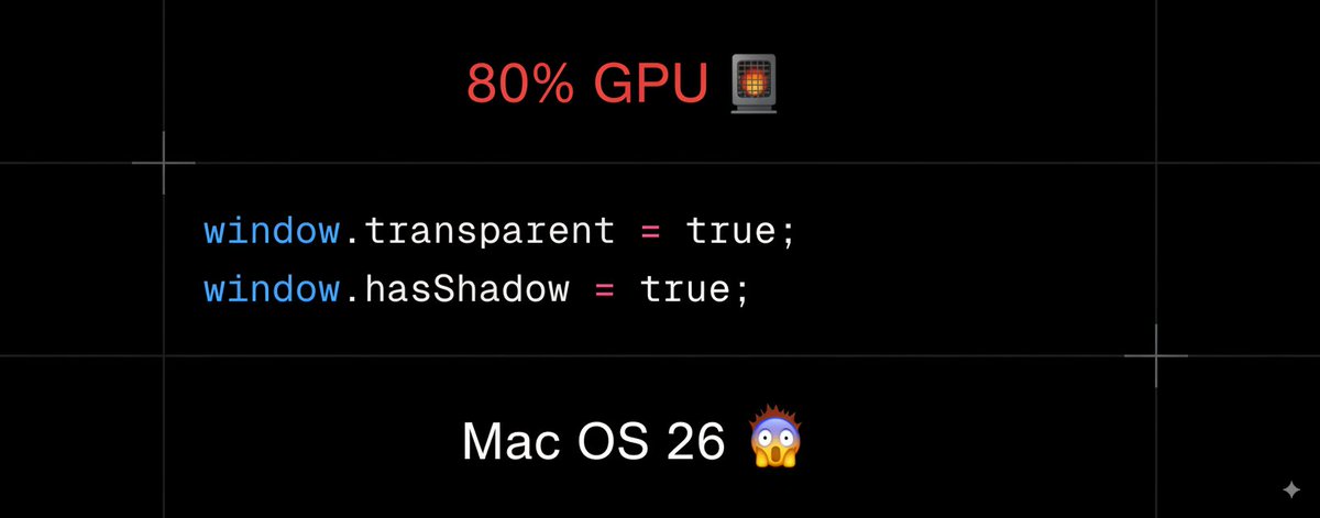 normarayr's tweet image. 🧵 I just spent DAYS debugging why Cursor, VSCode, and other Electron apps on macOS Tahoe 26 were causing 80% GPU usage and overheating my laptop.
The fix? ONE LINE OF CODE. 

I can&apos;t believe it. Let me explain this absolutely insane bug... 🤯⬇️