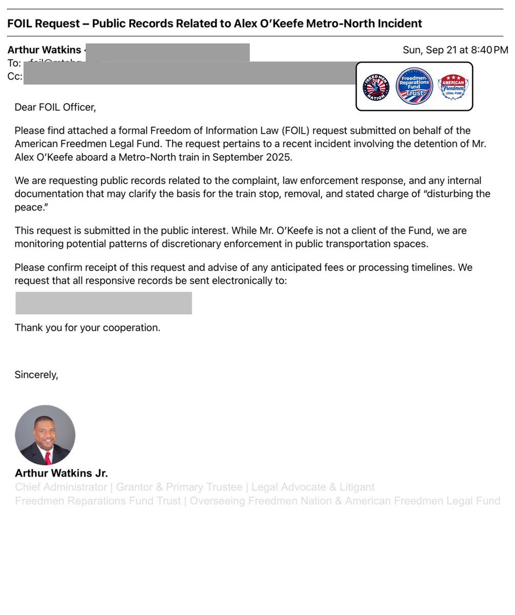 realAFLF's tweet image. 🚨 Detained for “Sitting Wrong”?🚨

The American Freedmen Legal Fund has submitted a FOIA request to the MTA demanding full transparency in the Alex O’Keefe train incident.

We’re asking:

• Was this lawful?
• Was it fair?
• Would a Freedman have been treated the same?

Read…