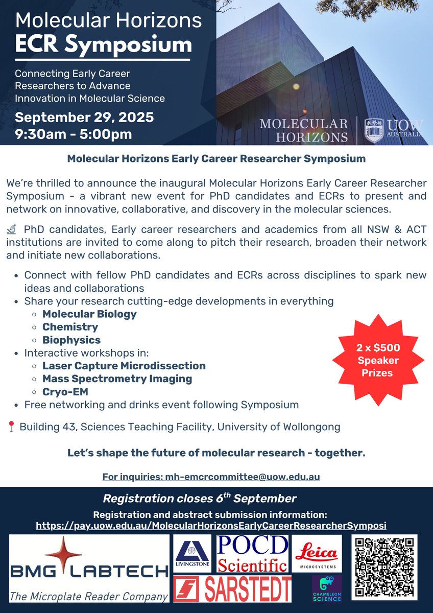 🚨 Last chance to register! 🚨
The Early Career Researcher Symposium (by <a href="/MolHorizons/">Molecular Horizons @ UOW</a> ECR Committee) brings together ECRs &amp; PhD students for talks, hands-on workshops, networking &amp; drinks 🍻
⏰ Reg closes 22 Sept 2025
🔗 Register here pay.uow.edu.au/smahpayments/b…