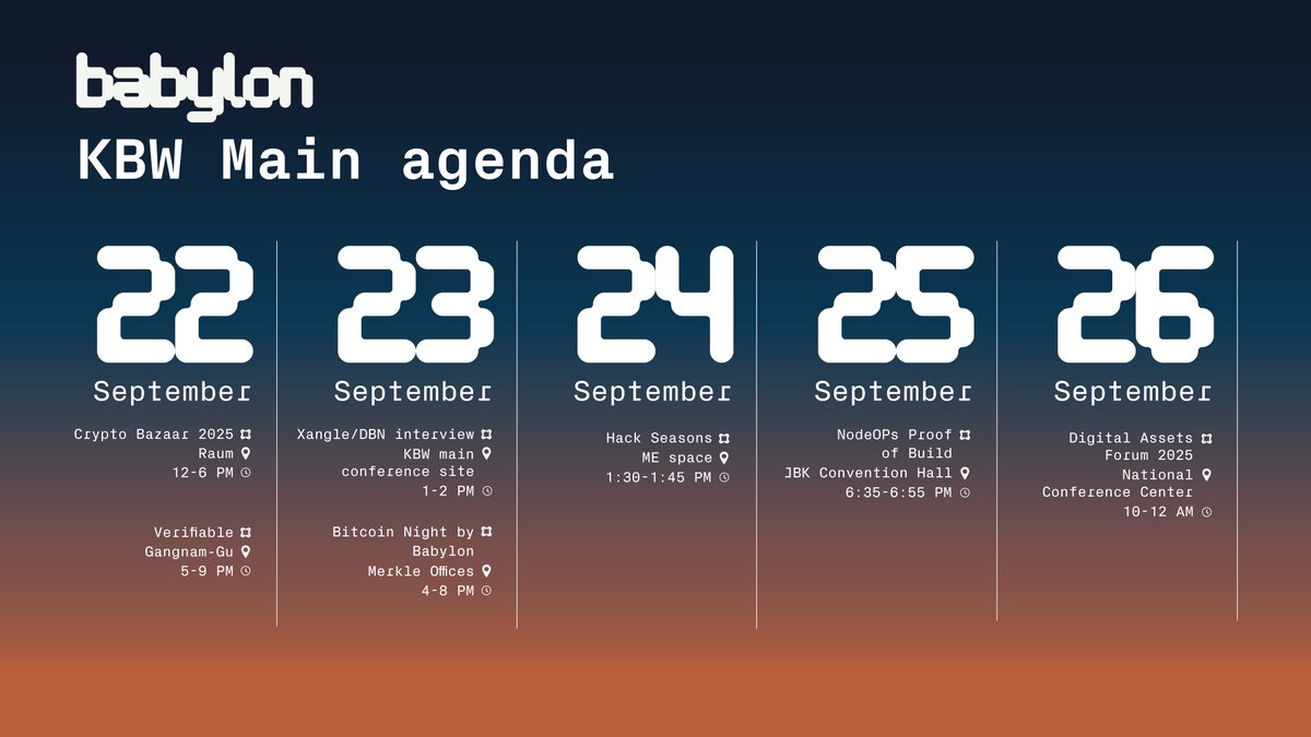 🇰🇷 韩国区块链周（KBW）火热进行中！ 本周，Babylon 全线亮相首尔，精彩纷呈： • 深度解析比特币质押与BTCFi 生态•  与Xangle、DBN 共探行业前沿趋势•