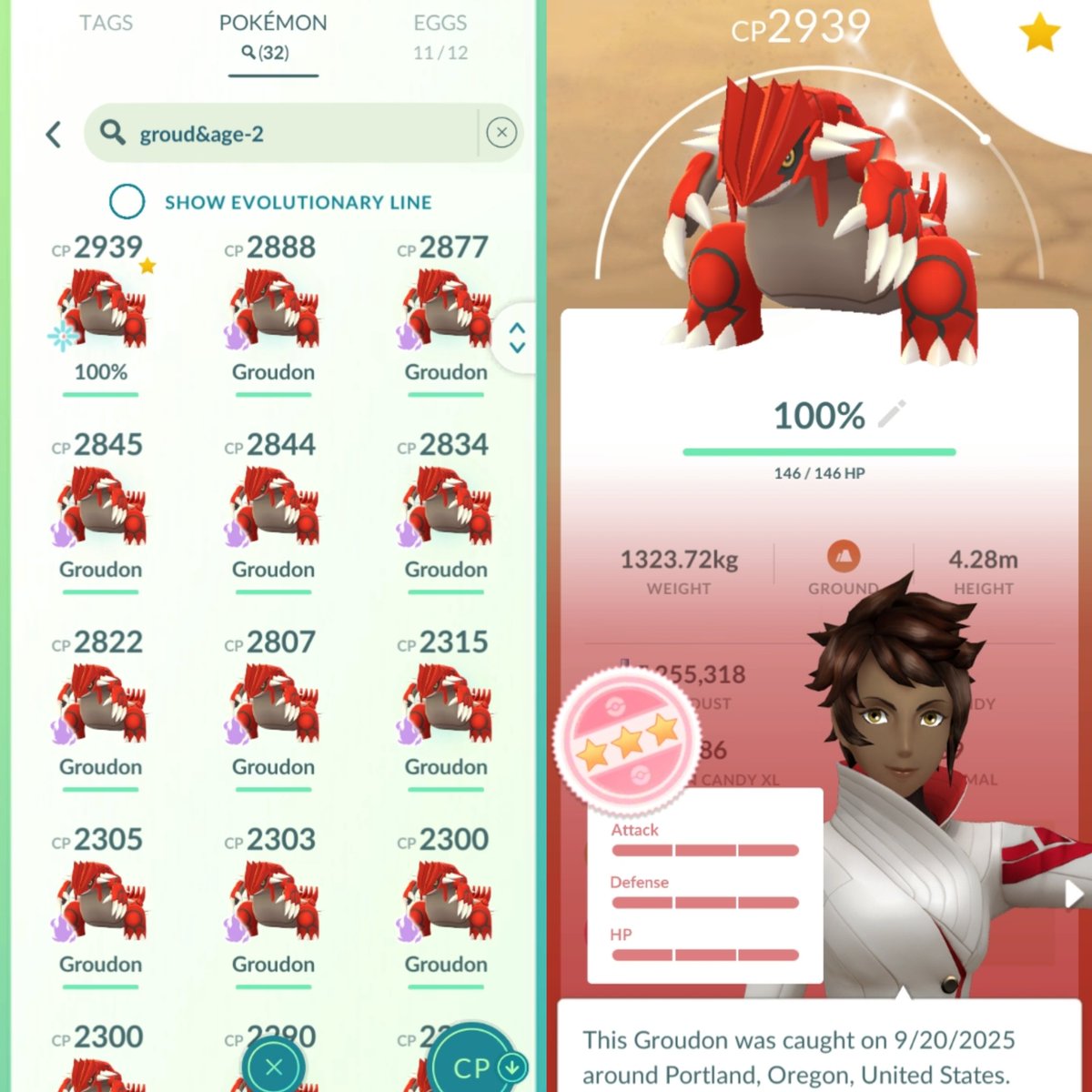32 shadow Groudon raids, sad I didn't get a green one but pleased to get a purified hundo (thanks <a href="/HangPJs/">Justin</a>!)