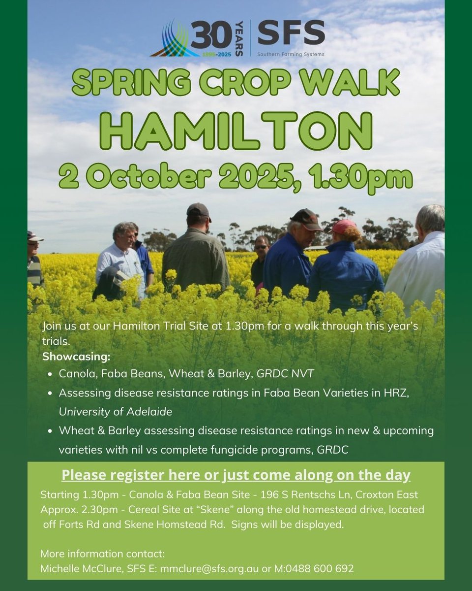 🚶‍♂️🌾 Walk through the latest crop trials at our Hamilton Spring Crop Walk!
See Canola, Faba Beans, Wheat &amp; Barley in action, and learn about disease resistance and management.
📅 2 October | 🕜 1:30pm 
📍 196 S Rentschs Ln, Croxton East
👉 Register now: forms.office.com/r/vfXNxjTYr5