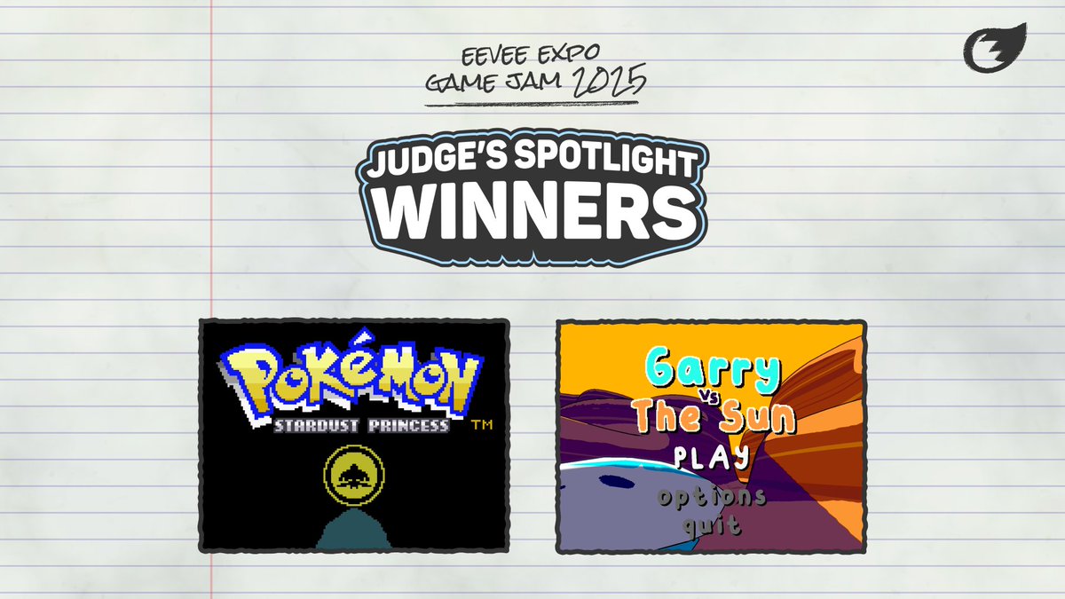 Congratulations to the #EEGameJam Judge's Spotlight winners: Pokémon Stardust Princess and Garry vs The Sun! 

Watch the showcase here: youtube.com/watch?v=QDBrxG…

You can read about the results of the game jam and try out these two games on our forums! eeveeexpo.com/game-jam-2025/…