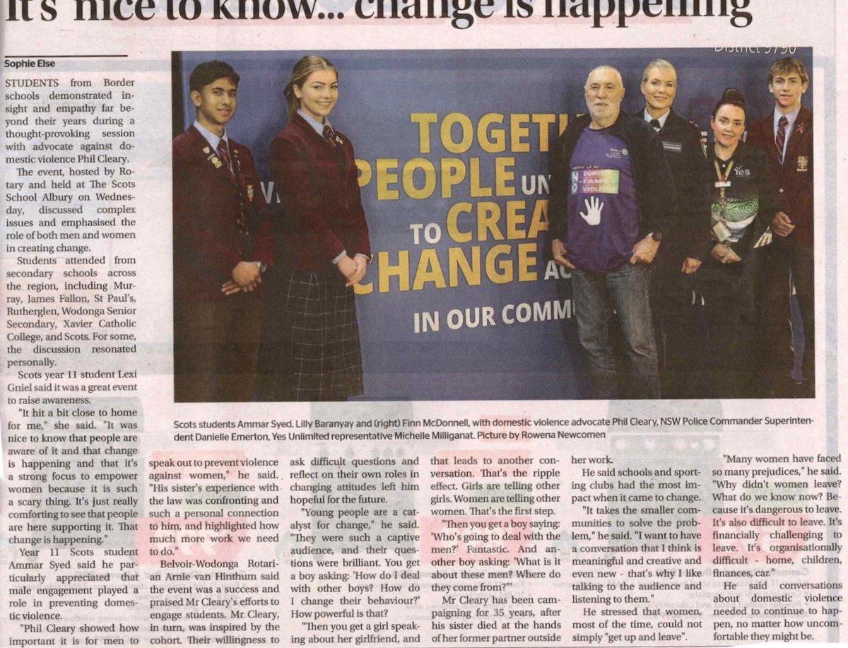 Confronting men's violence against women

A great piece by Sophie Else in the Border Mail. More than 230 people at a discussion in Wodonga organised by Rotary and 130 students at The Scots School Albury the next morning.