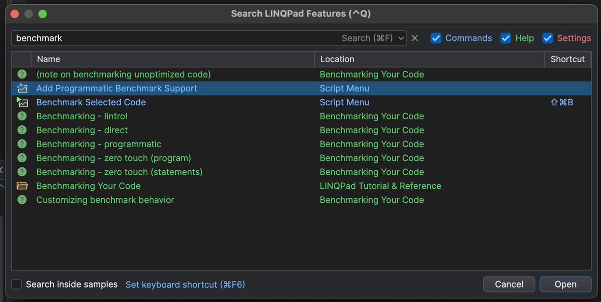 RyanRodemoyer2's tweet image. Omnisearch coming to @linqpad 9!

Quickly search through
- Commands
- Help
- Settings

Navigate directly to the settings window, open the code or run a command.

Control+Q to activate Omnisearch 
(macOS and Windows share the same shortcut)