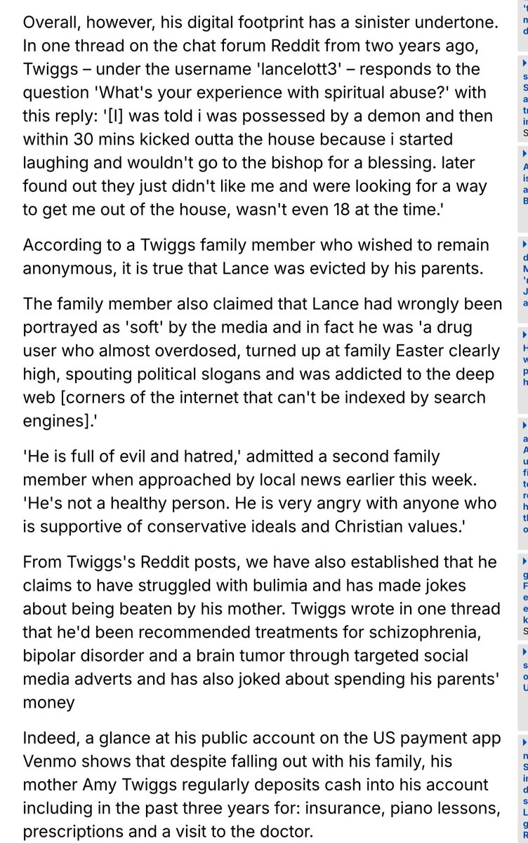 Despite being kicked out of the family house and becoming addicted to drugs, Tyler Robinson’s “transgender” boyfriend Lance S. Twiggs continued to be mollycoddled by an enabling mother who continued sending money to his Venmo account.

There’s a lesson here.