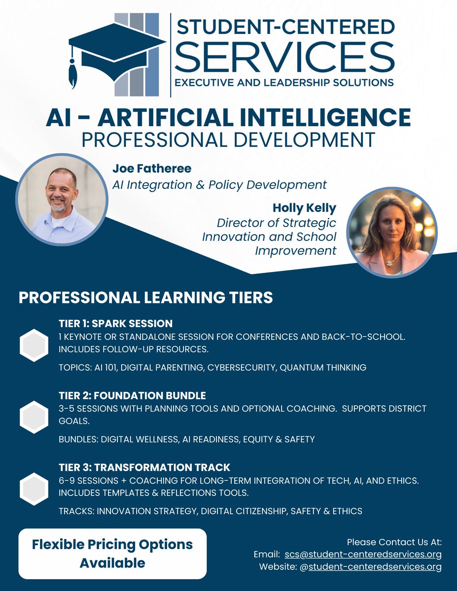 🚀 Ready to bring AI into education? 🚀

Student-Centered Services offers tailored professional development to help schools lead with confidence in the digital age.

Led by experts Joe Fatheree &amp; Holly Kelly
📩 scs@student-centeredservices.org 

#AI #ProfessionalDevelopment