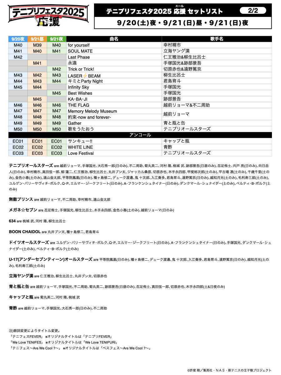 【#テニフェス2025】

テニフェス2025 応援
￣￣￣￣￣￣￣￣￣￣
3公演分のセットリストを公開！！

9/21昼公演はU-NEXTの配信でご視聴いただけます🙌
最高のステージを何度でも♪

▼チケット購入
t.unext.jp/r/tenipuri_fes…

▼会員登録せずに観る方法
bit.ly/3fCTmjC

9/29(月)19:00まで💨