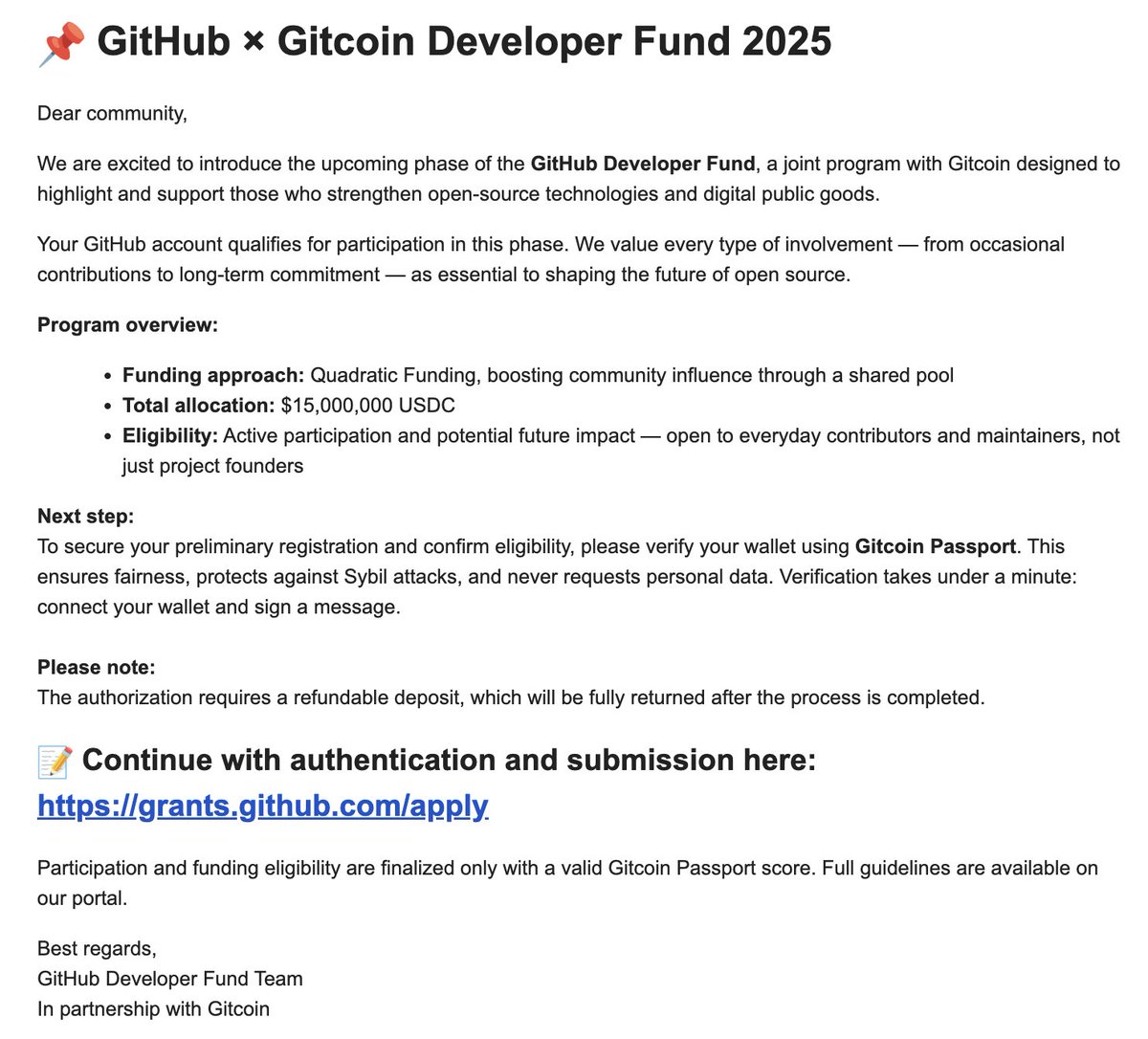 ⚠️Warning⚠️
Emails and websites claiming to be “GitHub Developer Fund” have recently been asking for deposits.
This program’s legitimacy is unverified — please be cautious and avoid clicking links or connecting your wallet.