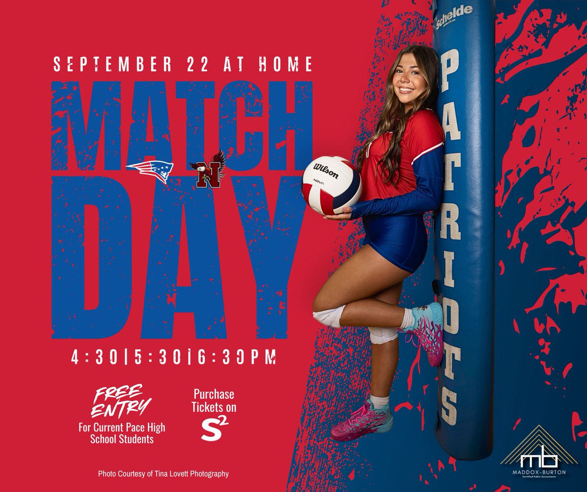 Come cheer on #PacePatriotsVolleyball at home vs. Niceville – Mon, Sept 22!

🕓 Freshman: 4:30PM
🕔 JV: 5:30PM
🕡 Varsity: 6:30PM

🎟️ Free for Pace High students w/ ID + Patriot Youth League in rec shirts
🎫 Tix on S2 Pass

#LadyPatriots #GoPacePatriots