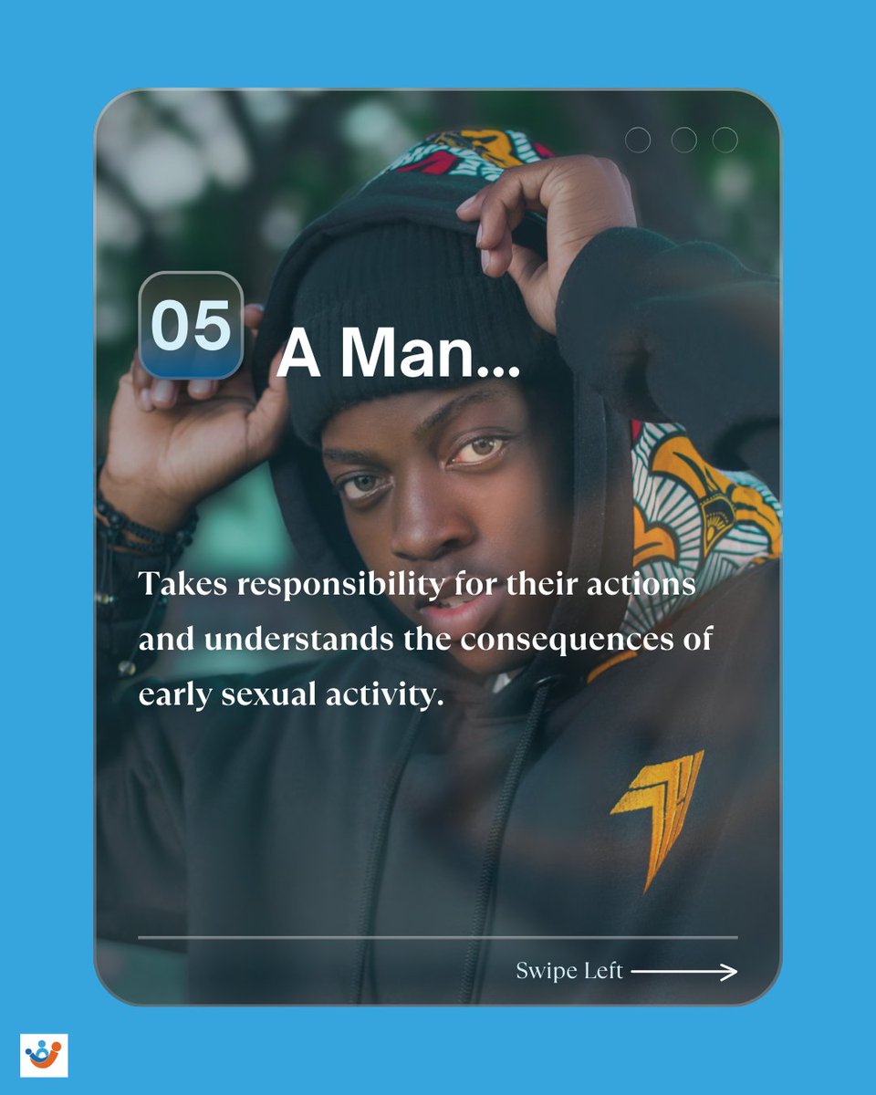 FaithtoActionet's tweet photo. Post 6/8:
A good man... TAKES RESPONSIBILITY for actions and understands the consequences of early sexual activity. No excuses, just accountability—step up, use protection, and own your choices. This saves lives and builds a better future!

#TusiNormaliseIssues #TeenPregnancy #RedefineManhood #IamPregnant