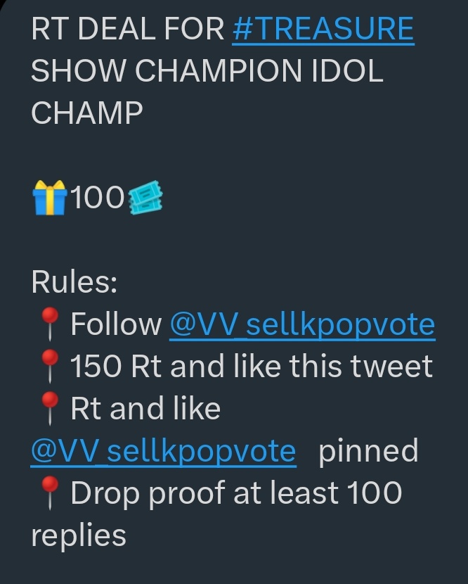 dailytre4sure's tweet photo. RT DEAL FOR #TREASURE  SHOW CHAMPION IDOL CHAMP 

🎁100🎟️ 

Rules: 
📍Follow @VV_sellkpopvote  
📍150 Rt and like this tweet 
📍Rt and like @VV_sellkpopvote   pinned
📍Drop proof at least 100 replies https://t.co/ZB8YmrX6Ex