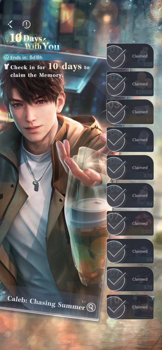 Love and Deepspace | 10 Days With You

🔔The event has already started—today is Day 10!
✨It's time to claim the free 4-Star Memory [Caleb: Chasing Summer]

📅Duration: Sept. 13, 05:00 – Oct. 1, 04:59 (Server Time)
Don't miss it!
#LoveandDeepspace #恋と深空 #恋与深空