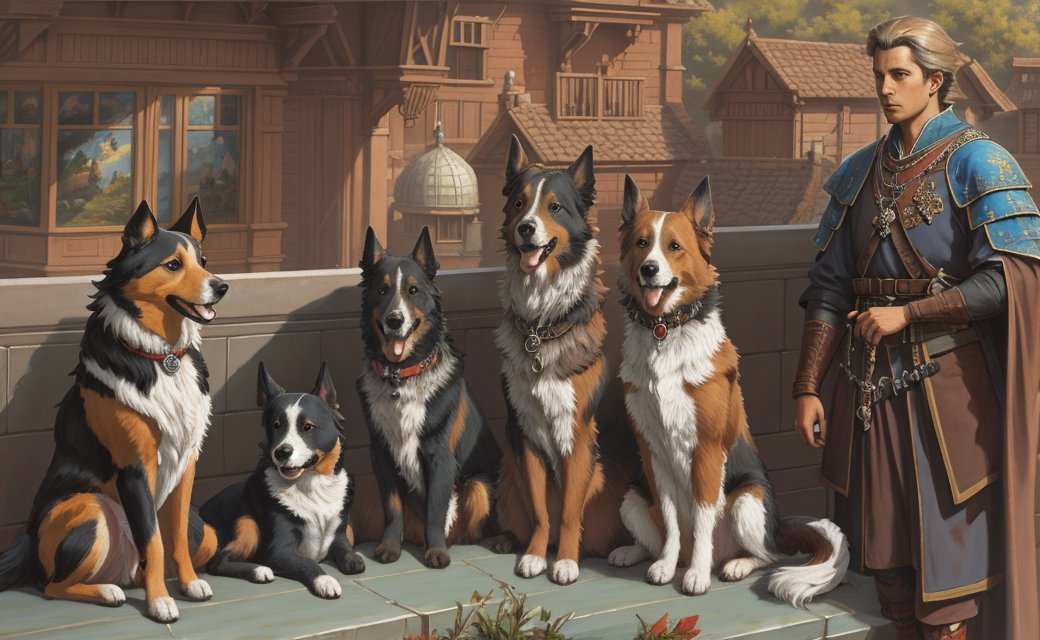 vu2lid's tweet image. The warrior stood proudly among his loyal hounds, guardians of memory and loyalty in a fading city. 
Painterly fantasy realism, regal attire, warm courtyard light. #AIArt #MemoryField