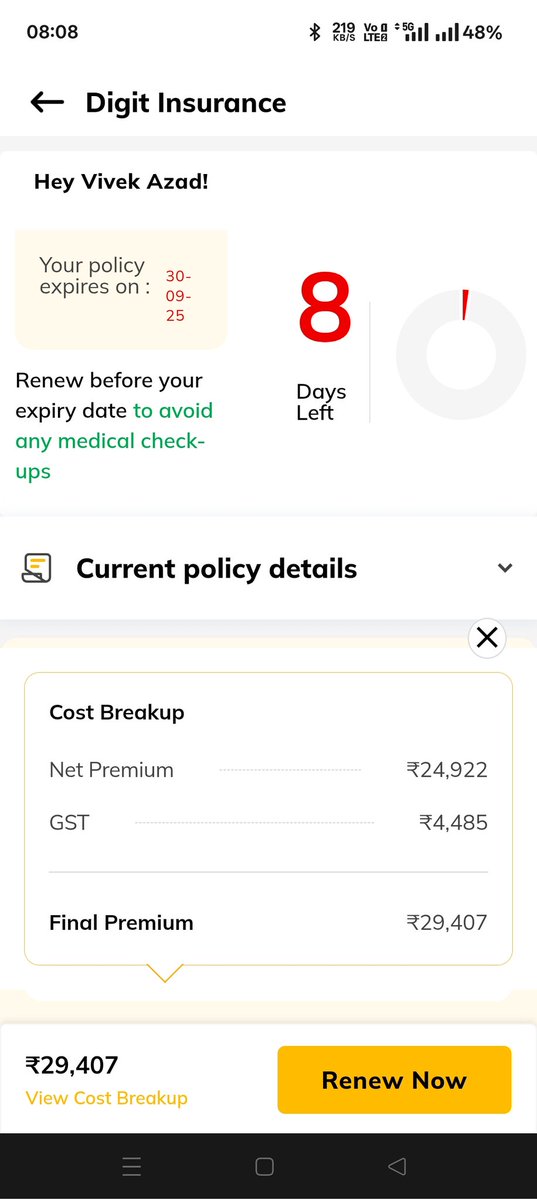 VivekAzad's tweet photo. @heydigit Can you please pass on GST benefits and provide updated renewal quotes.

Existing policy - D151528026
#GSTReform https://t.co/of2rZbQojG