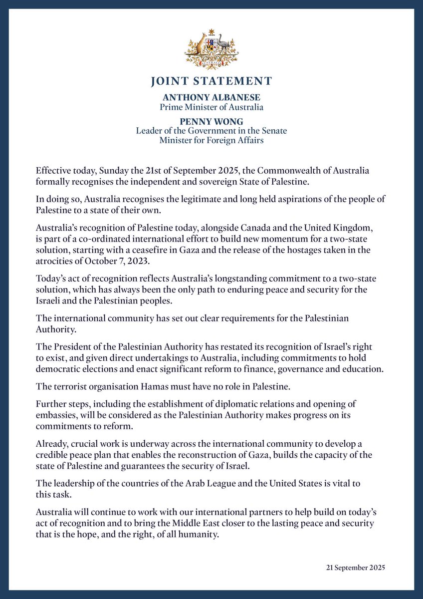 Today, Australia has officially recognised the State of Palestine.

It’s a historic step towards peace, justice, and security in the region.

Lasting prosperity can only come when the cycle of violence is broken and dignity is upheld for all.