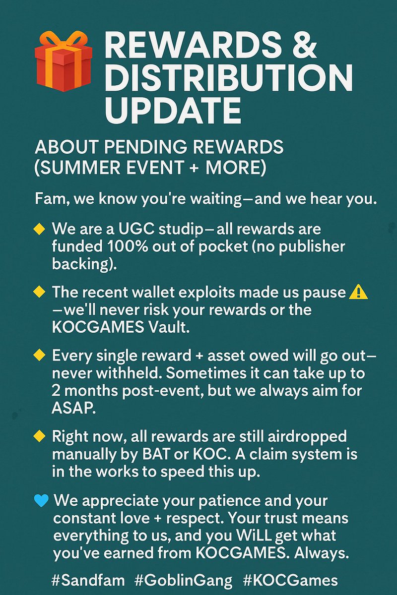🎁Airdrop/Rewards Update

✅Every reward owed WILL be delivered ASAP (up to 2mo post-event). 

Recent exploits made us pause all airdrops—we’ll never risk your rewards or the KOCGAMES Vault.

🔹Airdropped manually by BAT/KOC—claim system soon tm.

THANK YOU FOR GROWING WITH US!💙