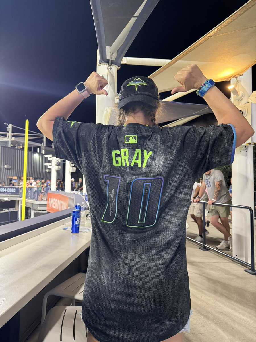 sew1028's tweet photo. We are so happy to have won Tristan Gray’s jersey tonight with the Shirts Off Our Backs. Question for @RaysBaseball What’s his walk-up song? It sounded familiar to me tonight. https://t.co/6nxcj9Aoc3