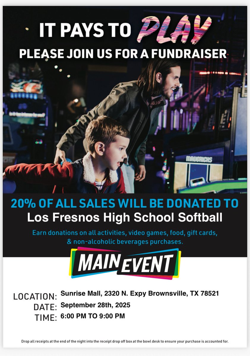 Save the Date! Next Sunday night from 6-9pm is our Main Event Spirit Night fundraiser! 

Lady Falcon softball receives 20% of all non-alcoholic sales. Any support is appreciated.

Main Event will have the Cowboys game on too. Kick off set for 7:20 pm.

Come out and support!