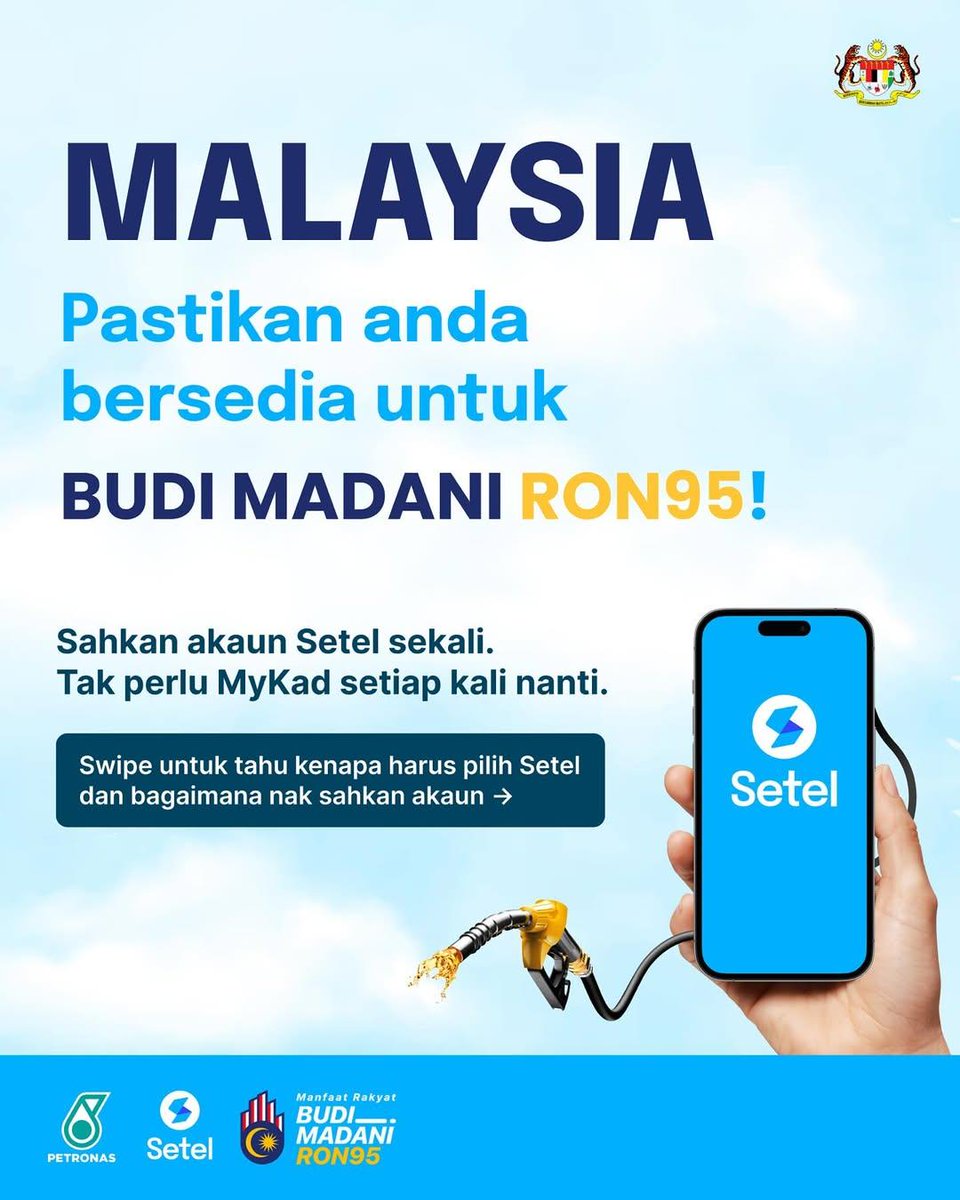 jllmisai's tweet photo. Sahkan akaun Setel anda sekarang (sekali sahaja!) untuk BUDI MADANI RON95 pada 30 September 2025 nanti! 

Tak perlu guna MyKad dah masa nak isi nanti.. 

Ikut panduan ni untuk sahkan akaun anda dengan mudah. Dengan Setel, sahkan sekali terus ke pam untuk isi BUDI95 nanti! ⛽️ https://t.co/0aCOhrIZIF