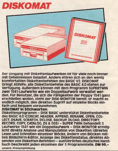 Retrojournal_de's tweet photo. 🖥️ Aus dem Data Becker Katalog 84/85:
 DISKOMAT – das Tool für alle, die sich damals noch mit den
Geheimnissen der Floppy 1541 herumgeschlagen haben. 😅
Wer von euch hatte das Teil und kann berichten, wie gut es wirklich war? 💾
#RetroComputing #C64 #DataBecker https://t.co/jTVp9Lf7ss