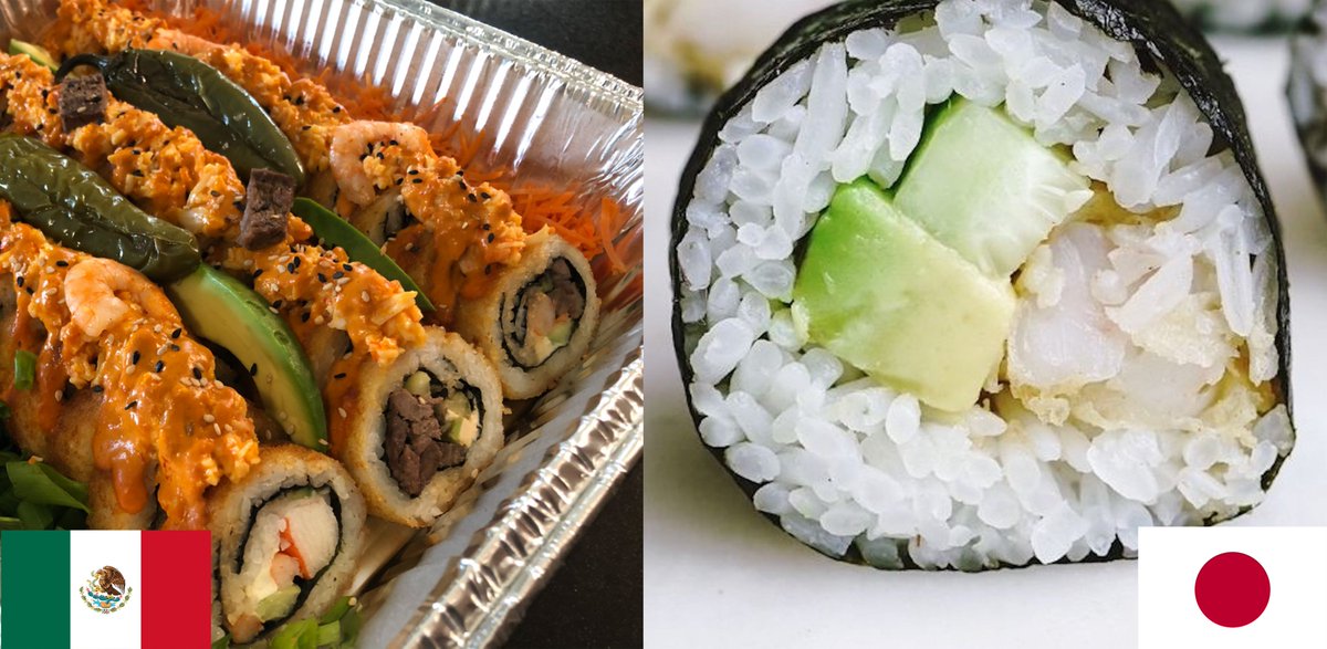 zhao_dashuai's tweet photo. Countries with terrible cuisine and bland food, dress up the absence of flavors and spices as a form of acquired "aristocratic moderation".

In reality, they just suck: eg. British and Japanese food, they are spiritually very similar.

Isolated island off the coast of the Eurasia continent, who went through an imperialist phase, albeit Britain was way more successful.

The difference is, British food is not sugarcoated in a layer of orientalism. Where uninformed western tourists munching on bland raw fish dipped in soy sauce thinking it's high culture.

The Brits are self-aware enough to mock their own food, but the Japanese are the opposite. And because of the orientalist bs, the rest of the world is forced to play along, justifying that the Japanese sushi on the right is better than the Mexican version on the left.