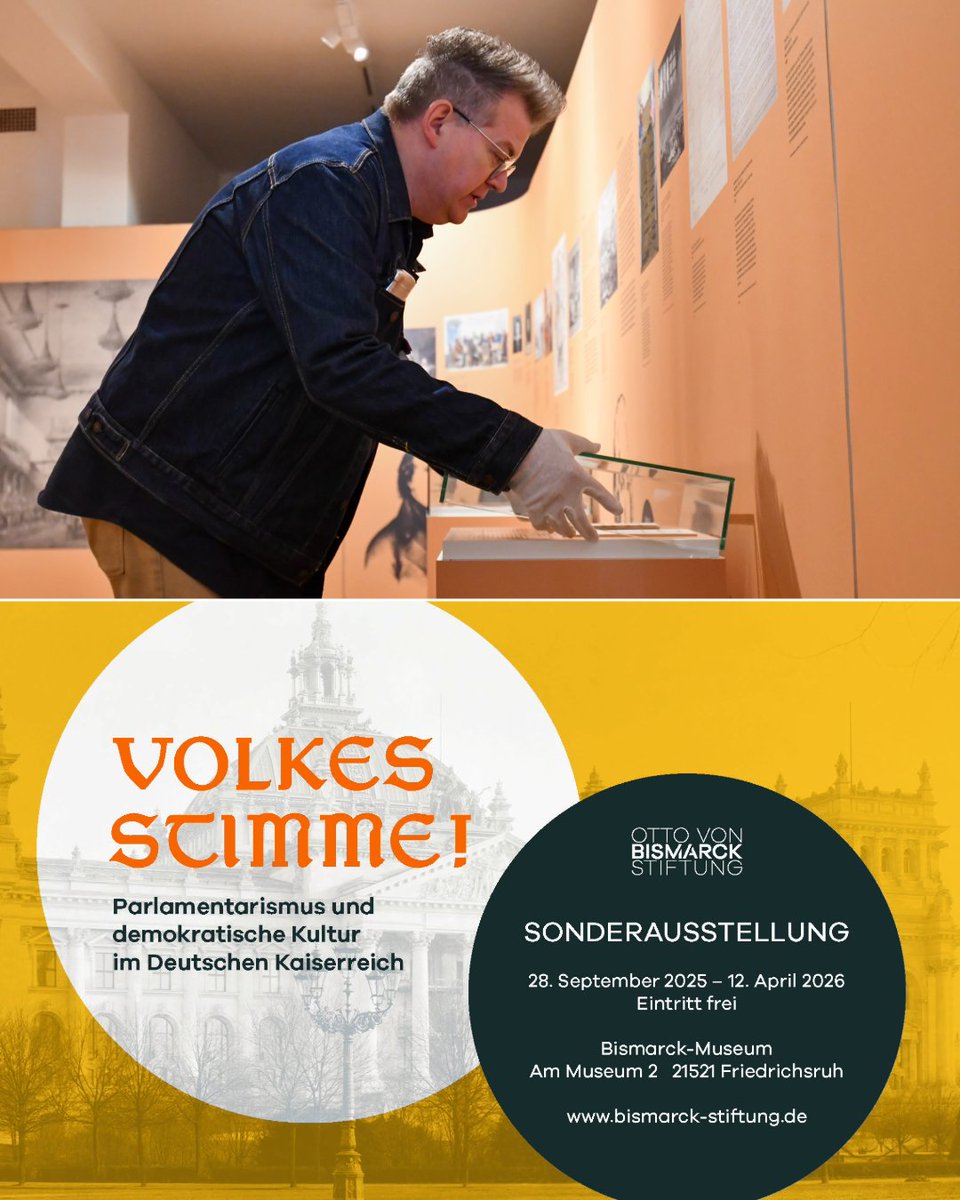 Kurator Dr. Maik Ohnezeit stattet noch eine der Vitrinen mit einem Originaldokument aus. Damit ist alles an seinem Platz, am Sonntag eröffnen wir im Bismarck-Museum unsere Sonderausstellung „Volkes Stimme! Parlamentarismus und demokratische Kultur im Deutschen Kaiserreich“.