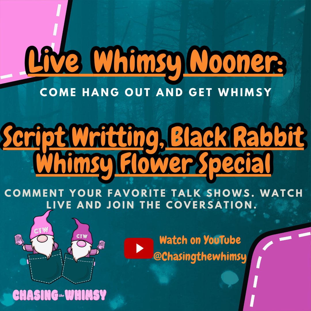 ChaseTheWhimsy's tweet image. 🌟 Hey everyone! Are you excited for an exhilarating #WhimsyNooners today special time at 10am MST? 🎉🌟 We have so much to discuss, Week has #scriptwritting, #BlackRabbit, and #WhimsyFlower. #Livechat! Let&apos;s connect and share our thoughts together!  
youtube.com/@ChasingtheWhi…