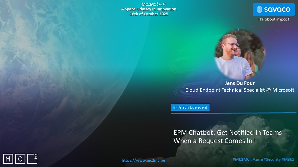 mc2mcbe's tweet image. We’re excited to welcome Jens Du Four as a speaker at the upcoming MC2MC  Live: A Space Odyssey in Innovation! 🚀

📅 Thu, Oct 16
🎟️ mc2mc.be/mc2mc-live-a-s…

#MC2MC #MC2MCLive #Community #CommunityPower #Microsoft #M365 #Security #Azure