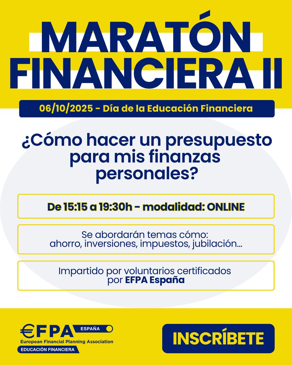 EduFin_EFPA's tweet photo. ✨¡Vuelve la Maratón Financiera Online!✨

📅06/10/2025 – 2ª edición online del Día de la #EducaciónFinanciera 🙌

💡Jornada gratuita para aprender y compartir finanzas 🚀

¡Inscríbete y comparte!
https://t.co/th9r9ZUlWq
 
#7octubre #efpaespaña #finanzaspersonales #voluntarios https://t.co/dDnrL0LMOp