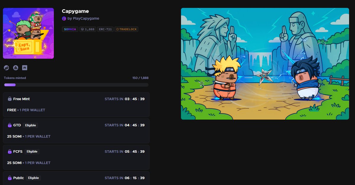 Vanvan268's tweet image. 🚨Are you ready to mint?

Mint Link: app.blever.xyz/drops/capygame
Mint Price: 25 $SOMI 
Chain: @Somnia 
Mint Phases: Free Mint: UTC 11:30 
GTD: UTC 12:30 
FCFS: UTC 13:30 
Public: UTC 14:00
@Somnia_Network 
#SomniaCreator