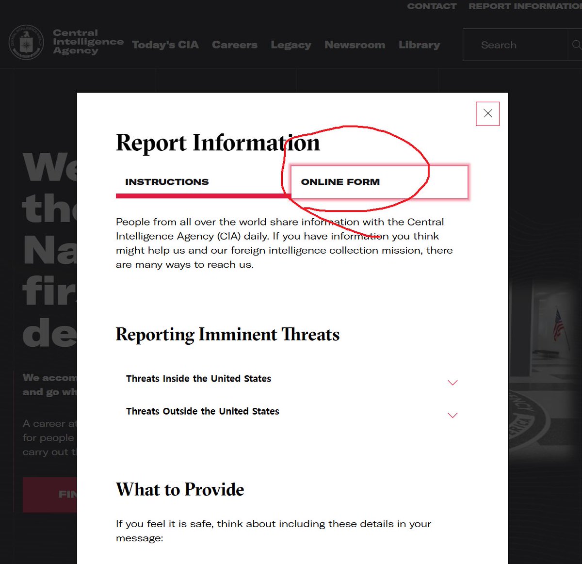 DeepNarrative's tweet image. 주목해주세요. @CIA 신고방법을 알려드립니다. 
CIA.GOV 에 접속하세요. 화면 우상단에 &quot;Report Information&quot;단추를 누르면 양식이 나와요. 거기서 &quot;Online Form&quot; 을 누르시면 바로 신고가 가능합니다. 되도록 영어로 번역해 올리시고 관계된 링크는 그냥 올리시면 됩니다.