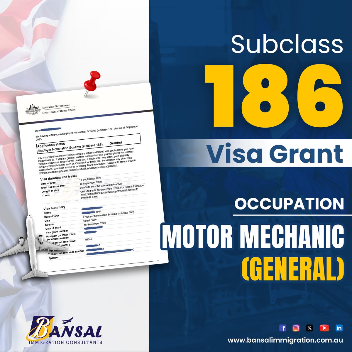 Bansalimmi's tweet image. 🎉 Congratulations! Another Subclass 186 Visa Grant secured 
👨‍🔧 Occupation: Motor Mechanic (General)
🌏 Pathway to Permanent Residency in Australia!

#Subclass186 #186Visa #VisaGrant #EmployerNominationScheme #MotorMechanic #BansalImmigration