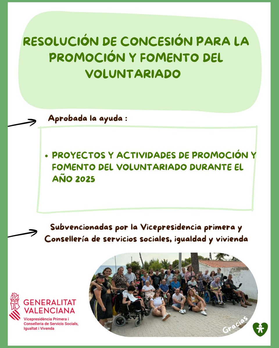 BonaGentAPDI's tweet photo. Hoy se ha publicado en el DOGV la concesión de la ayuda económica a BONA GENT APDI, destinada a la financiación de proyectos y actividades de promoción y fomento del voluntariado '25, por parte de la VICEPRESIDENCIA PRIMERA Y CONSELLERIA DE SERVICIOS SOCIALES, IGUALDAD Y VIVIENDA https://t.co/rwqfPZ4ji0