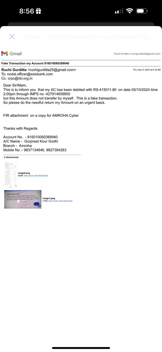 Sir

I am a holder of Axis Bank and a cyber fraud of 415011.80 occurred from my account on 4.10.2024, 
for which I have already lodged complaints with the Cyber Cell, S P Office, and C M Portal, but no resolution has been received.
no action has been taken yet.