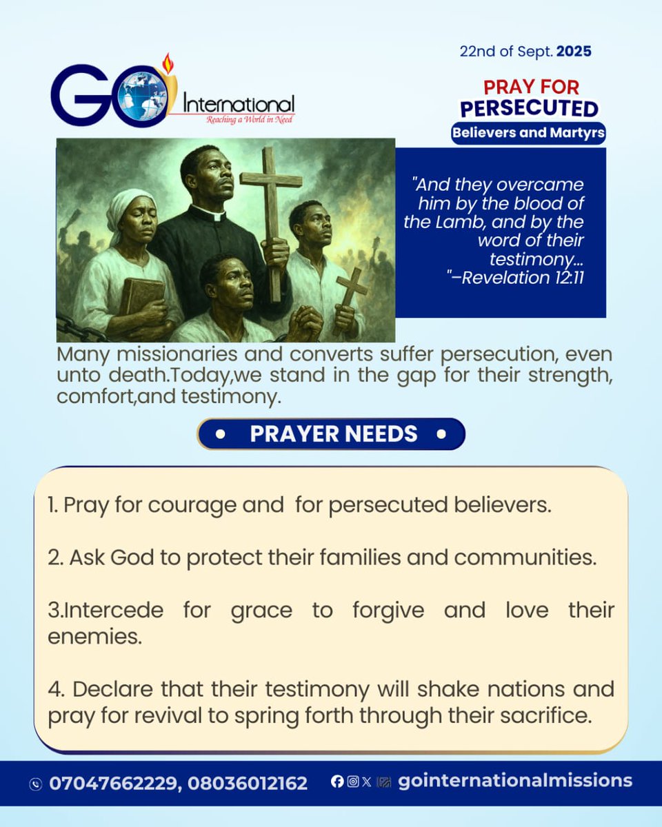 Go_Missions_'s tweet image. Today, we stand in prayer for persecuted believers and martyrs who suffer for the sake of the Gospel. May God grant them courage, protection, grace to forgive, and testimonies that shake nations. 🌍🔥

#PrayForThePersecuted #GoInternationalMissions #FaithInAction #GlobalMissions