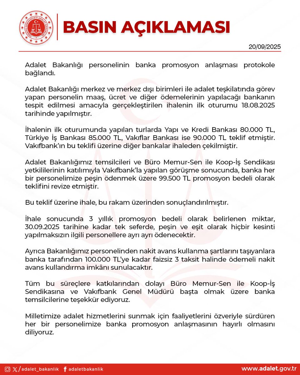 Adalet Bakanlığı resmi hesabından yapılan açıklama ile personel promosyon anlaşması paylaşılmıştır. 100000 lira 0 faiz 3 taksitte ödeme yapılabileceği belirtilmiştir.
Hakim Savcılar dışında 3 taksiti kimse ödeyemez bunun yerine 6 taksit olmalı.
<a href="/VakifBank/">VakıfBank</a> <a href="/yilmaztunc/">Yılmaz TUNÇ</a> <a href="/YavuzEnis/">Enis Yavuz Yıldırım</a>
