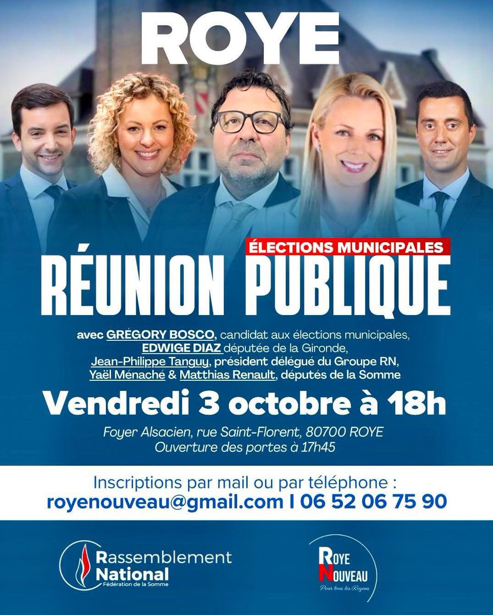 diaz_edwige's tweet photo. 📣 Vendredi 3 octobre, dans la Somme !

En compagnie de mes collègues députés du @groupeRN_off, @JphTanguy, @YaelMenache, @MatthiasRN, je vous donne rendez-vous à 18h à Roye pour soutenir Grégory Bosco, le candidat du @RNational_off aux élections municipales !
☎️06.52.06.75.90 https://t.co/mEdiDSHn12