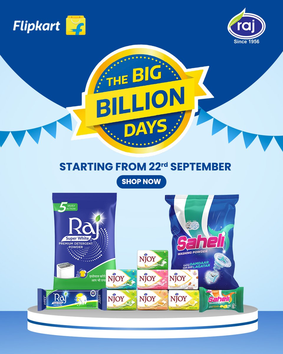 RajSuperWhite's tweet photo. Big Billion Days, bigger freshness!
Stock up on Raj Industries’ detergents, dish wash bars & bathing soaps – starting today on Flipkart.
#TheBigBillionDays #flipkart #rajsoaps #rajsuperwhite #saheliwashingpowder #rajgroup #laundarybar #DetergentPowder https://t.co/llfLeDTZjC