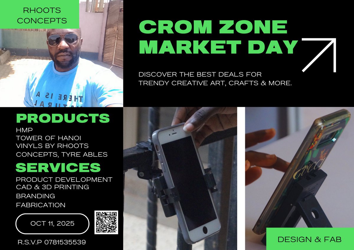 Rhoots Concepts will be showcasing at the 1st Crom Zone Market Day on Oct 11th. Be there to experience the:

1.⁠ ⁠HMP
2.⁠ ⁠Tower of Hanoi
3.⁠ ⁠Vinyls by Rhoots Concepts
4.⁠ ⁠Tyre Ables, etc.