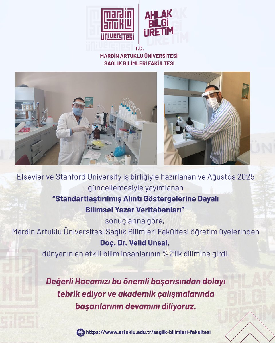 Elsevier ve Stanford University tarafından Ağustos 2025 güncellemesiyle yayımlanan “Standartlaştırılmış Alıntı Göstergelerine Dayalı Bilimsel Yazar Veritabanları” sonuçlarına göre Doç.Dr. Velid Unsal en etkili bilim insanları arasına girdi. 

<a href="/ibrahimozcosar/">ibrahim özcoşar</a> 
<a href="/resityildiz79/">Reşit YILDIZ</a>