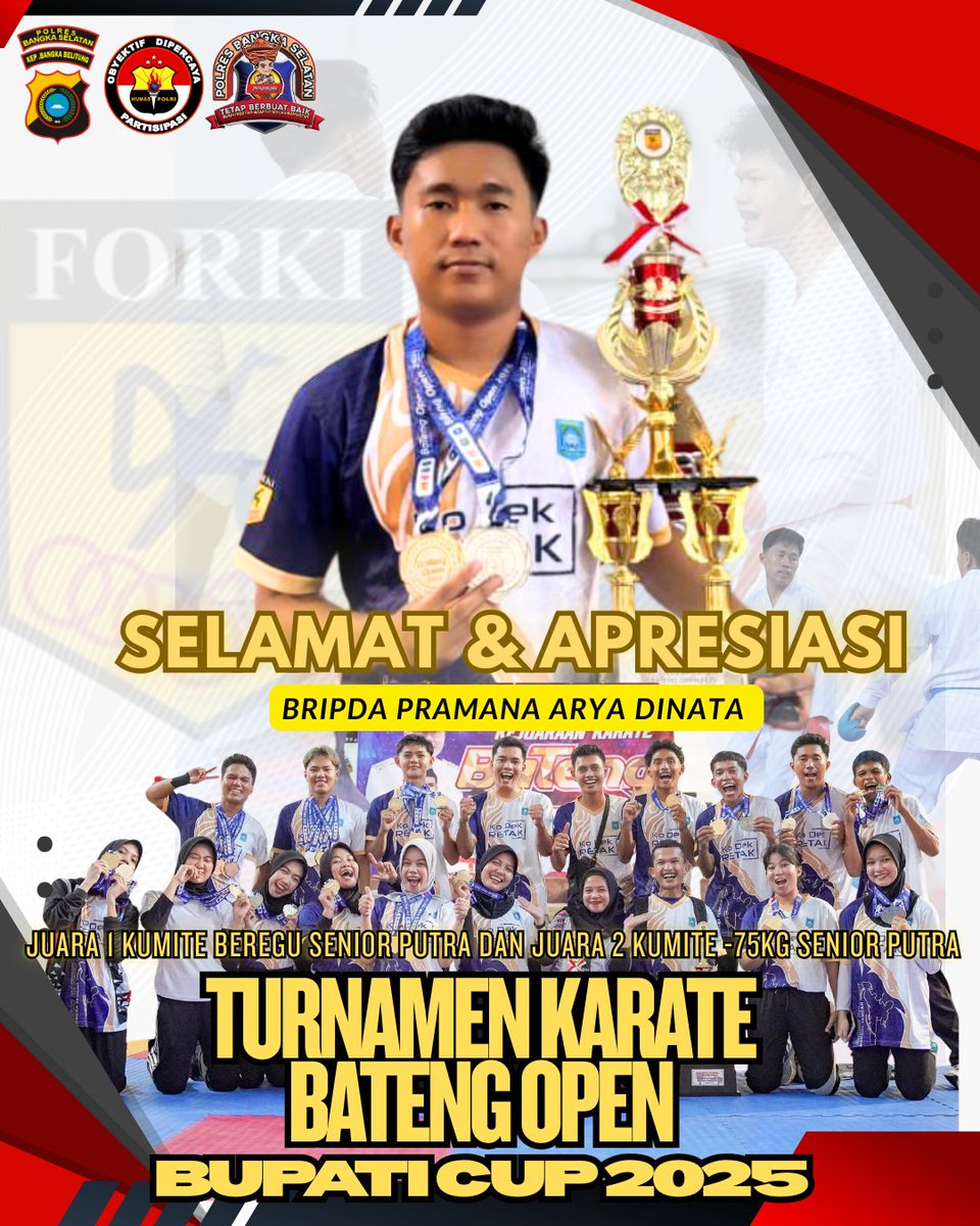 polres_basel's tweet image. Selamat &amp;amp; Apresiasi kepada
Bripda PRAMANA ARYA DINATA 
Atas prestasi sebagai juara 1 kumite beregu senior putra dan juara 2 kumite -75kg senior putra
Turnament Karate Bateng Open
Bupati Cup 2025
.
#juara
#karate
#forki
#polri
#presisi
.
@divisihumaspolri 
@humas_poldakep.babel