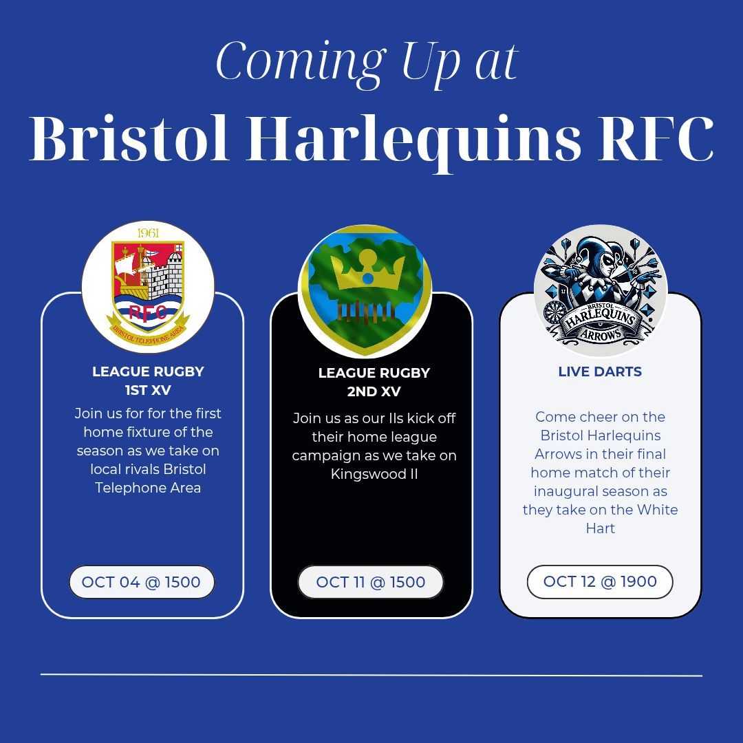 📣 Big couple of weeks at Valhalla 🔵⚫️⚪️

🏉 Training Tues &amp; Thurs 19:00
🏉 Women’s RWC Final – Sept 27 @ 16:00 🍻
💃 Ladies Day – Oct 4 @ 12:00 🎟️
🏉 1st XV Oct 4, 2nd XV Oct 11
🎯 Arrows Darts – Oct 12 @ 19:00

#BristolHarlequinsRFC #COYQ